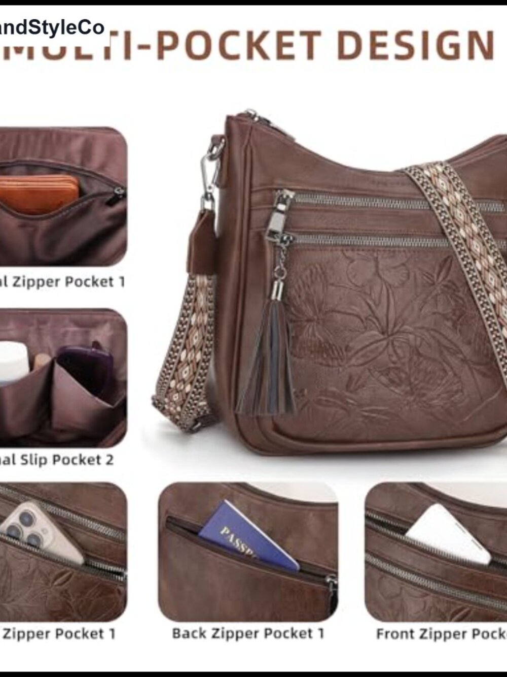 Faux Leather Medium Crossbody Hobo Bag Butterfly Embossed Tassel Wide Strap - Picture 3 of 6